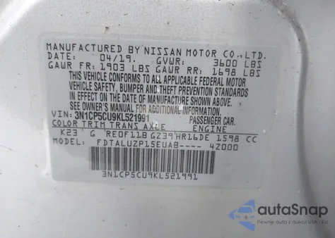 2019 Nissan Kicks Sr z USA, uszkodzony, nr VIN 3N1CP5CU9KL521991